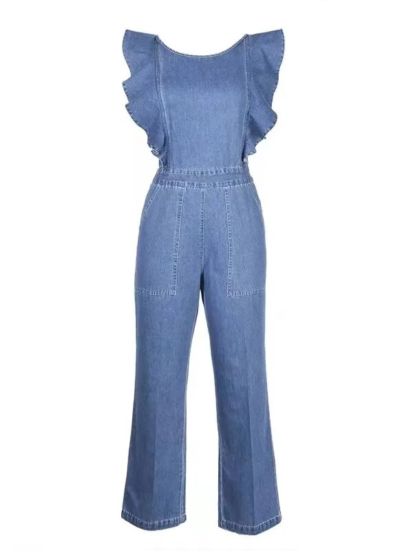 Women's Sexy Backless, Sleeveless, Ruffles Design Denim Rompers