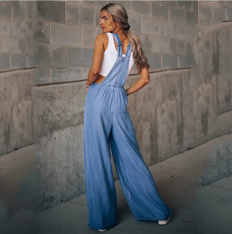 Women's  Summer Ripped Overalls Blue Wide-Leg High-Waist Denim Overalls