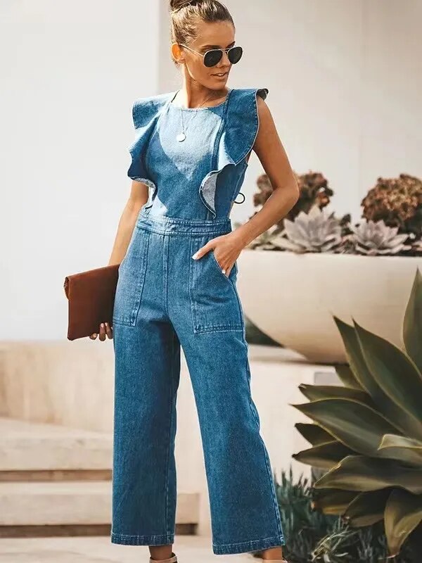 Women's Sexy Backless, Sleeveless, Ruffles Design Denim Rompers