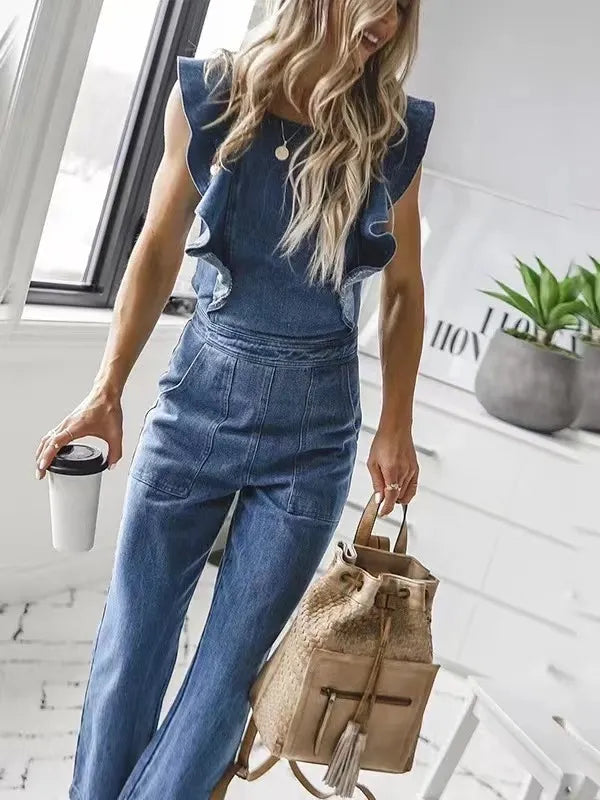 Women's Sexy Backless, Sleeveless, Ruffles Design Denim Rompers